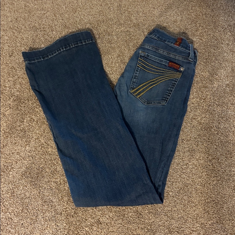 7 For All Mankind Dark Blue Boot Cut Jeans with Yellow Stitching